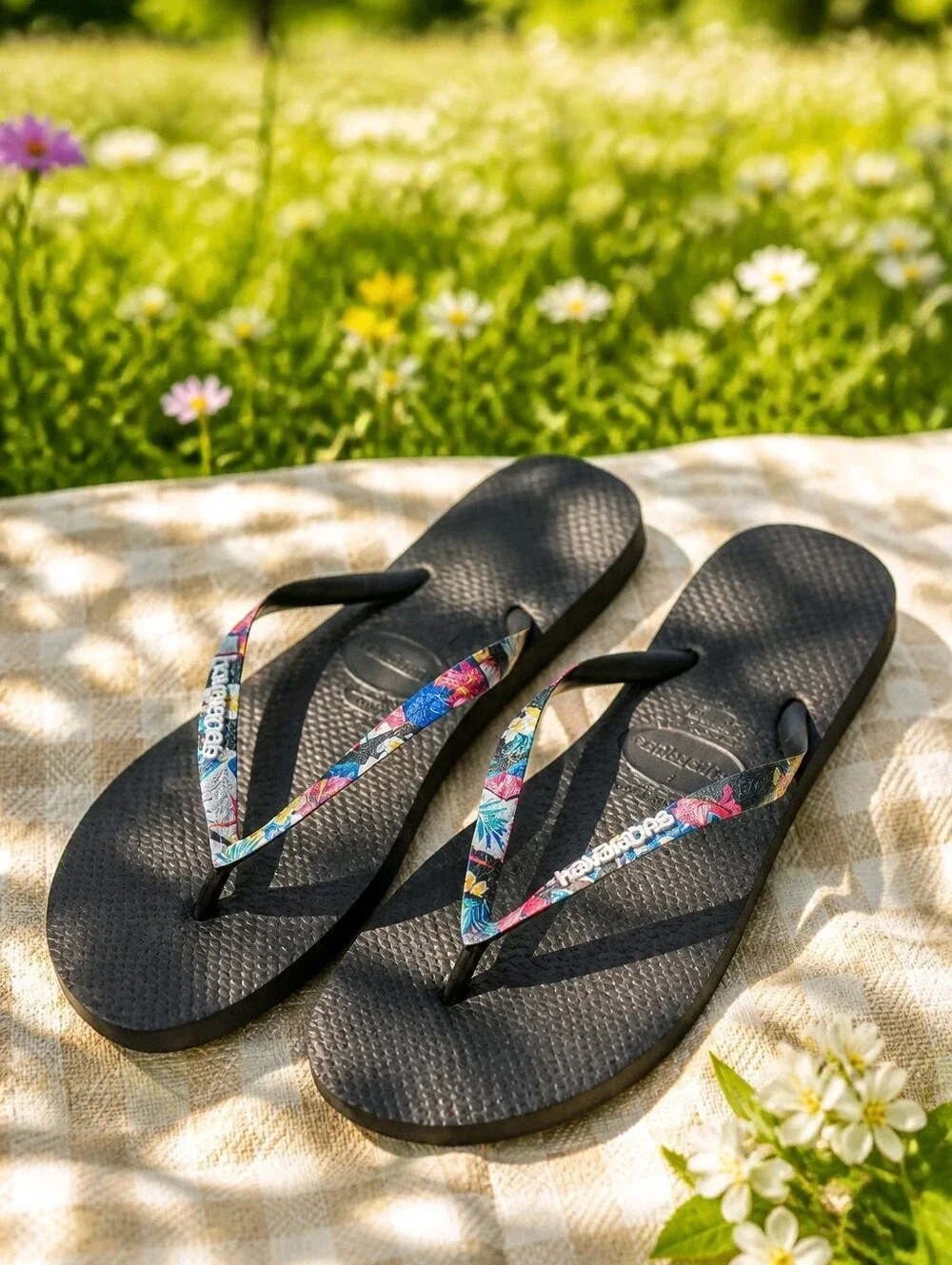 Havaianas Slim Black Flip Flops with Multicolor Floral Straps Sz 41-42 or 10-11